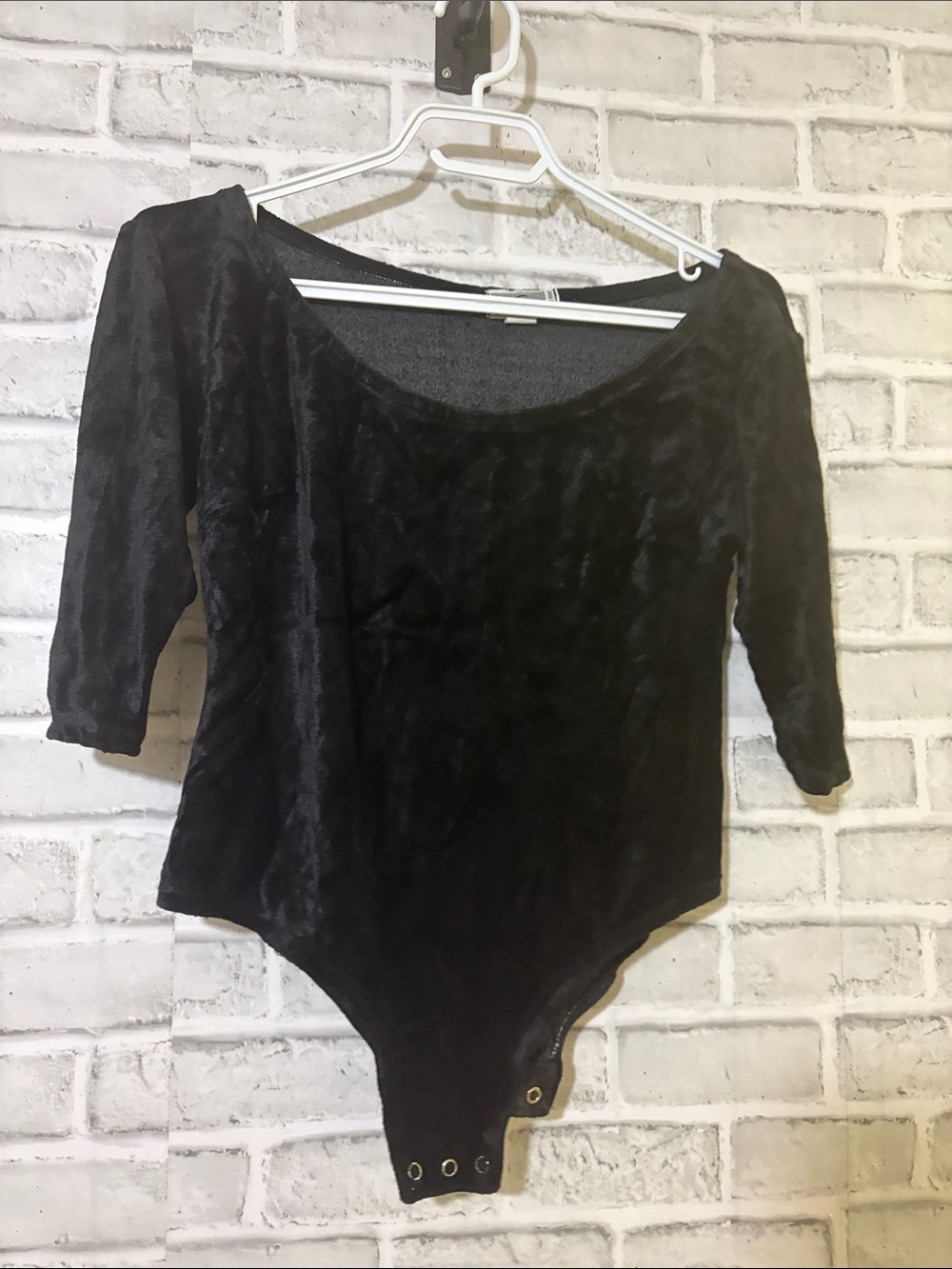 Christine Alter Ego Velvet Scoop Neck Black Bodysuit with 3/4 Sleeves, small - Picture 4 of 5